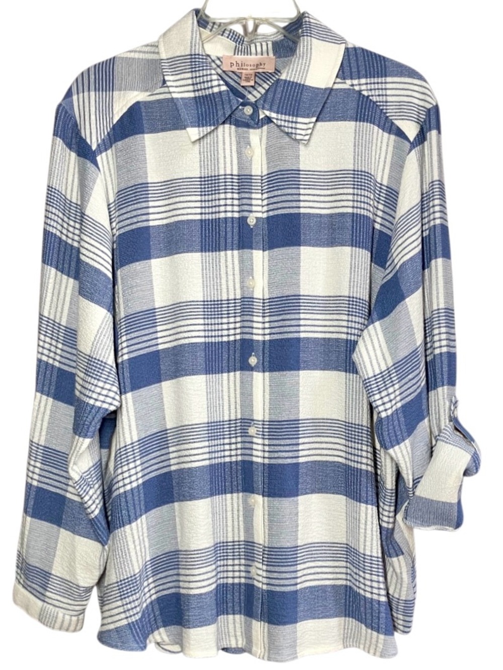 Philosophy Plaid Long Sleeve in Blue/Creamy White Women’s 1X - Picture 2 of 8